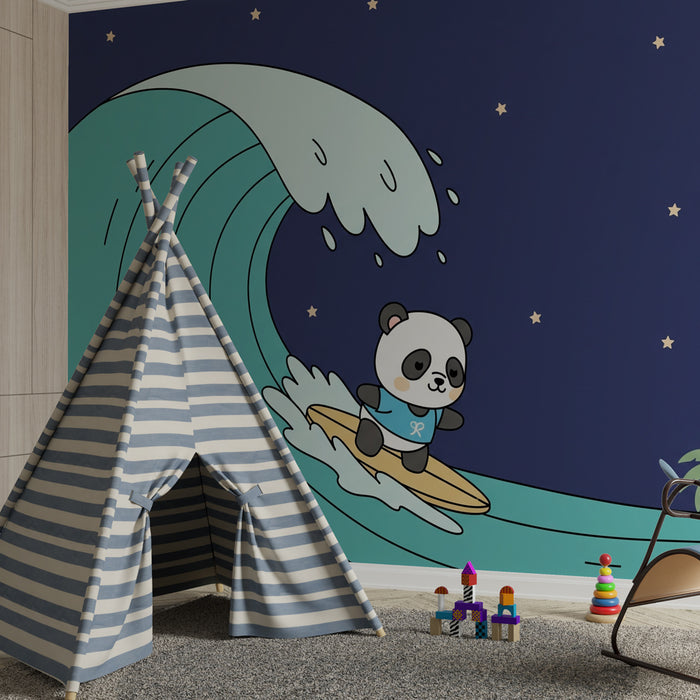 Papier peint chambre enfant | Panda surfeur sous la lune et les étoiles