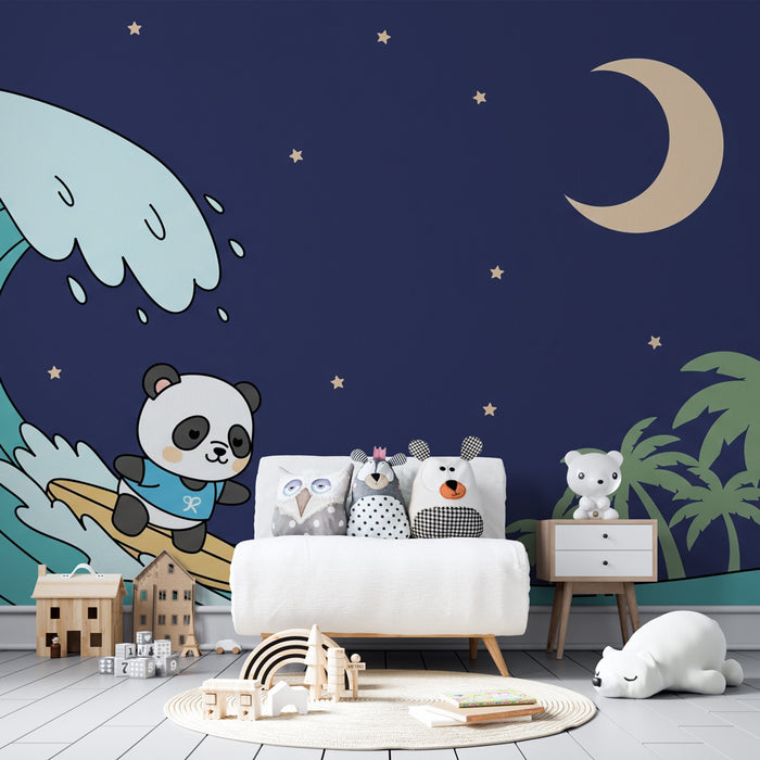 Papier peint chambre enfant | Panda surfeur sous la lune et les étoiles