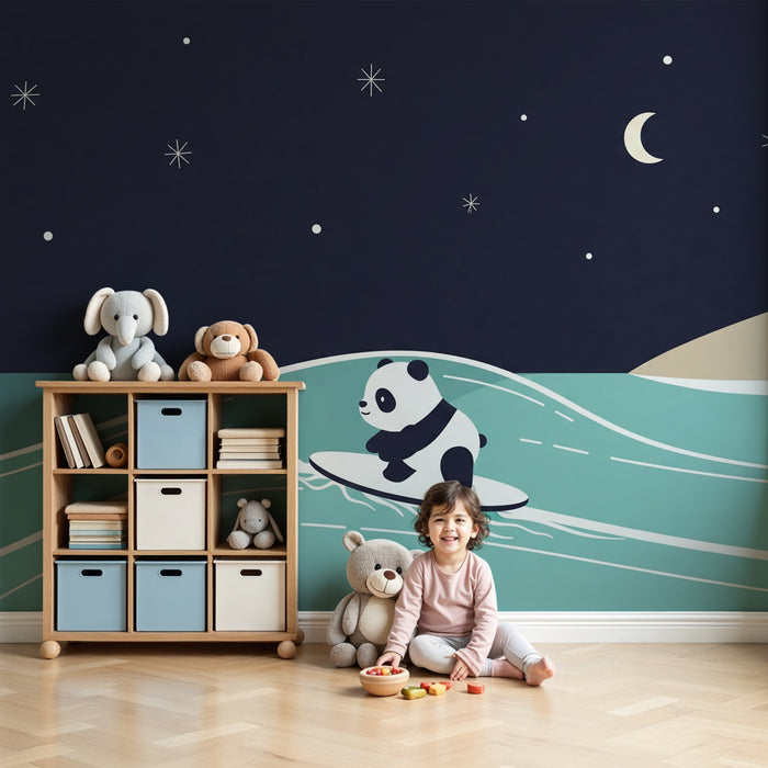 Papier peint chambre enfant | Panda surfeur sous les étoiles