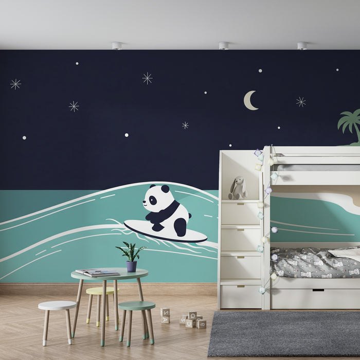 Papier peint chambre enfant | Panda surfeur sous les étoiles
