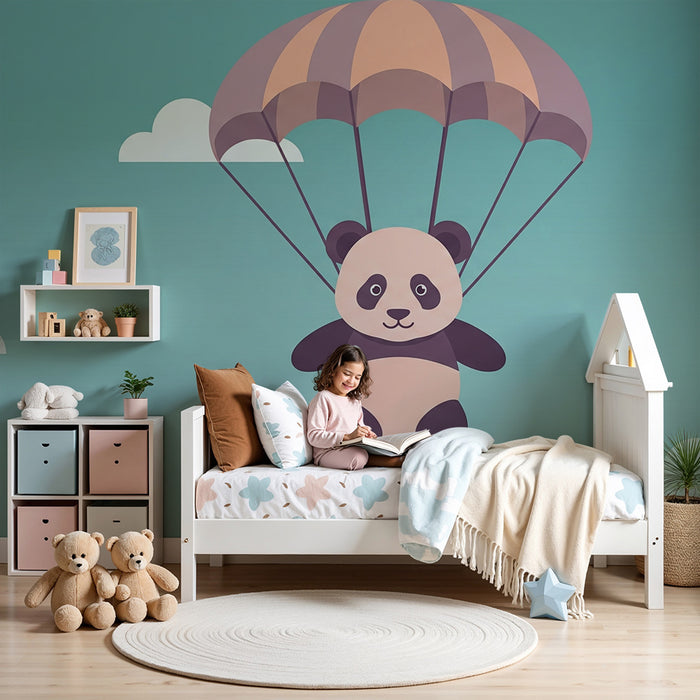 Papier peint chambre enfant | Panda sympathique en parachute