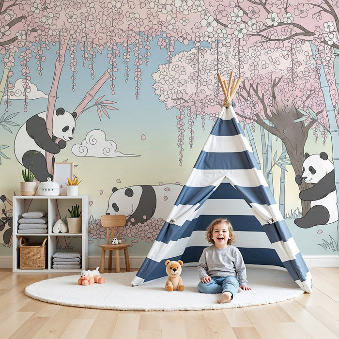 Papier peint chambre enfant | Pandas dans un jardin fleuri