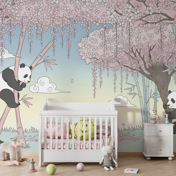 Papier peint chambre enfant | Pandas dans un jardin fleuri