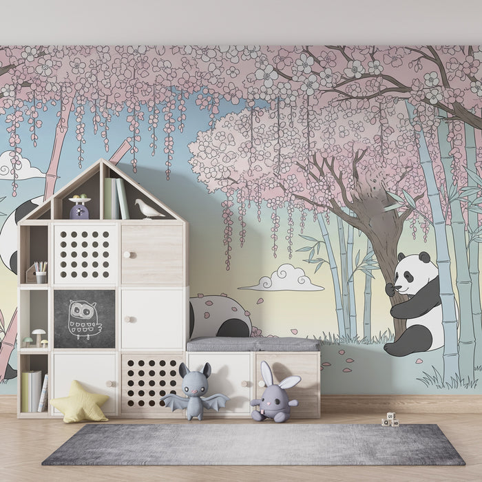 Papier peint chambre enfant | Pandas dans un jardin fleuri