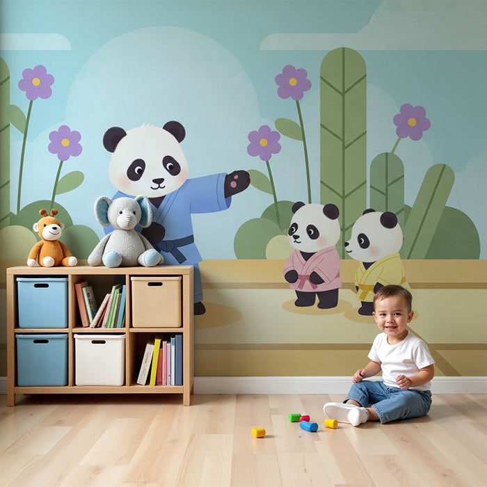 Papel de parede criança | Pandas a praticar karaté num jardim colorido
