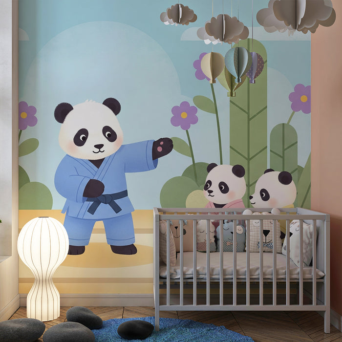 Papel de parede criança | Pandas a praticar karaté num jardim colorido