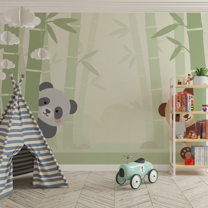 Papier peint chambre enfant | Pandas espiègles au milieu des bambous