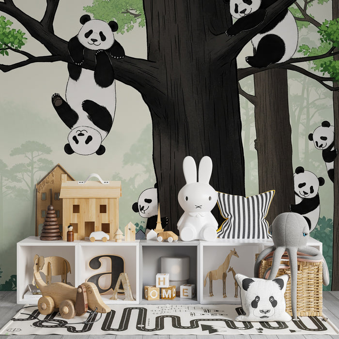 Kinderkamer behang | Speelse panda's in het bos