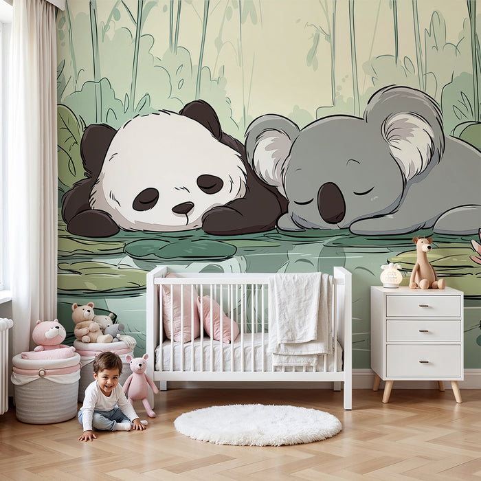Carta da parati bambini | Panda e koala addormentati al bordo dell'acqua