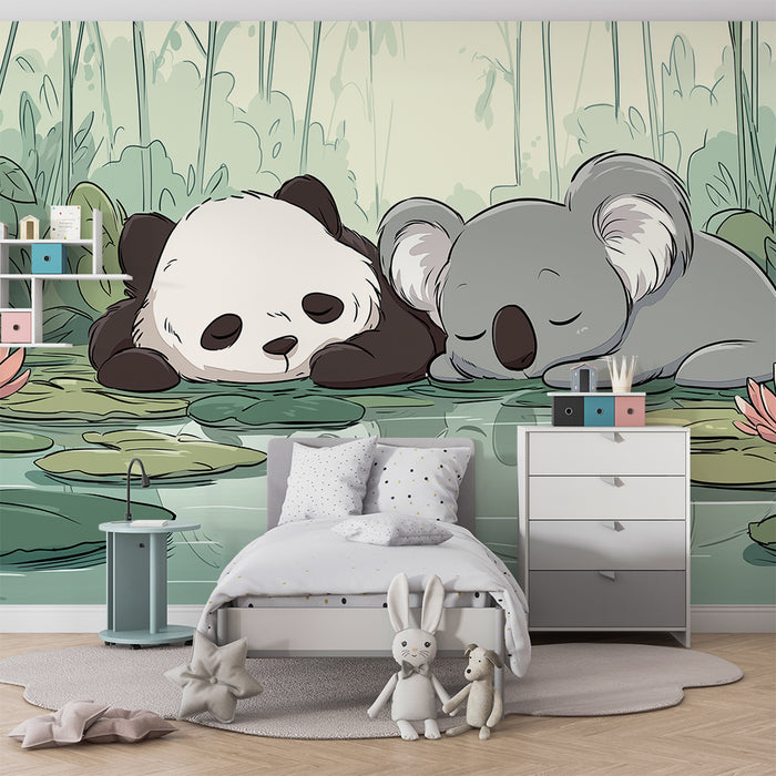 Carta da parati bambini | Panda e koala addormentati al bordo dell'acqua