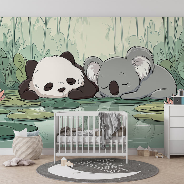 Carta da parati bambini | Panda e koala addormentati al bordo dell'acqua