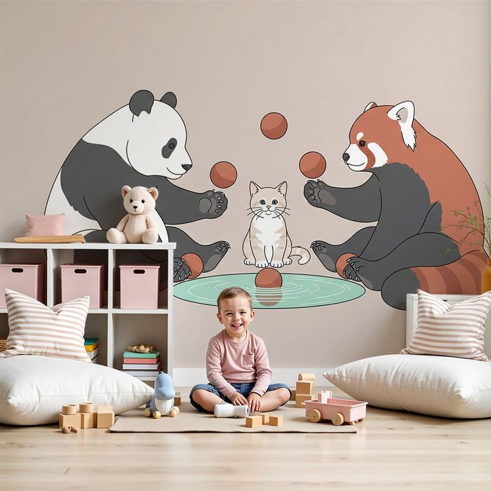 Papel de parede criança | Pandas e gatinhos brincando com bolas