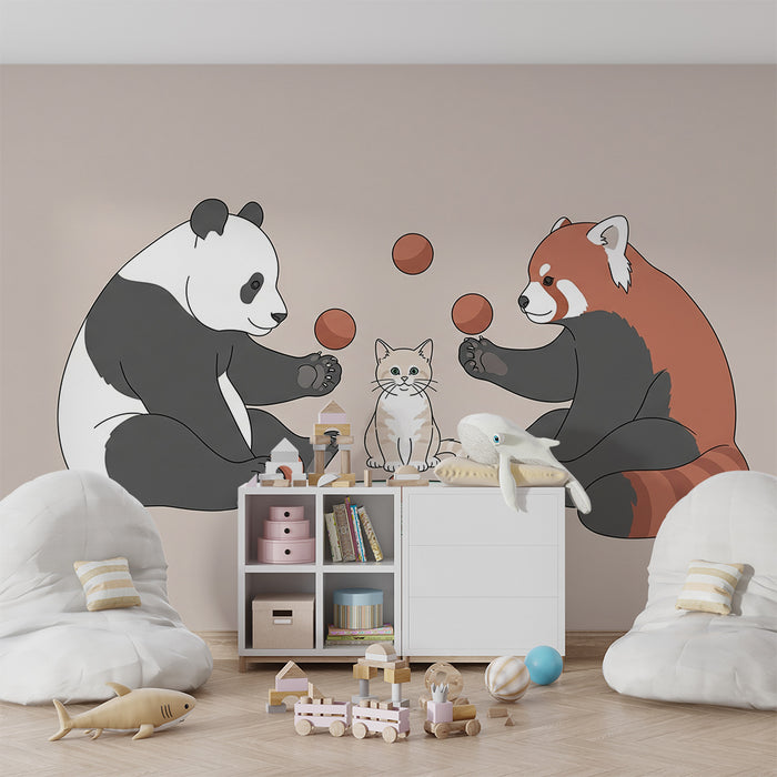 Papel de parede criança | Pandas e gatinhos brincando com bolas