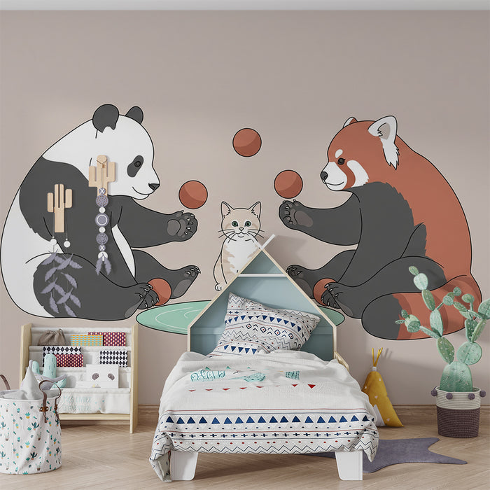 Papel de parede criança | Pandas e gatinhos brincando com bolas