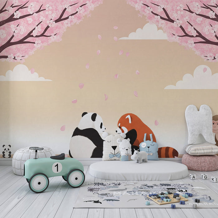 Barntapet | Pandor och röd räv under blommande körsbärsträd