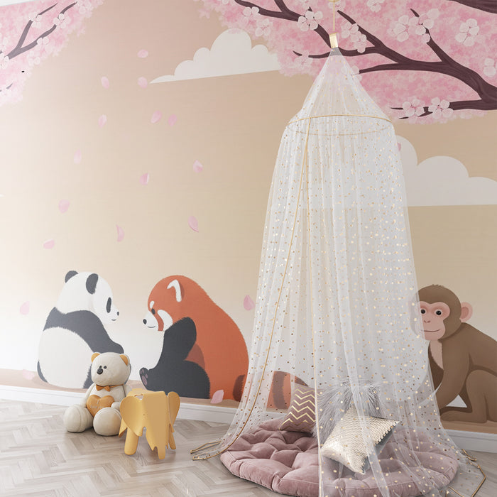 Barntapet | Pandor och röd räv under blommande körsbärsträd