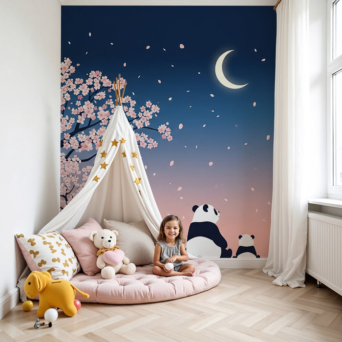 Kinderzimmer Tapete | Pandas unter blühenden Kirschbäumen mit einer Eule und einem Igel