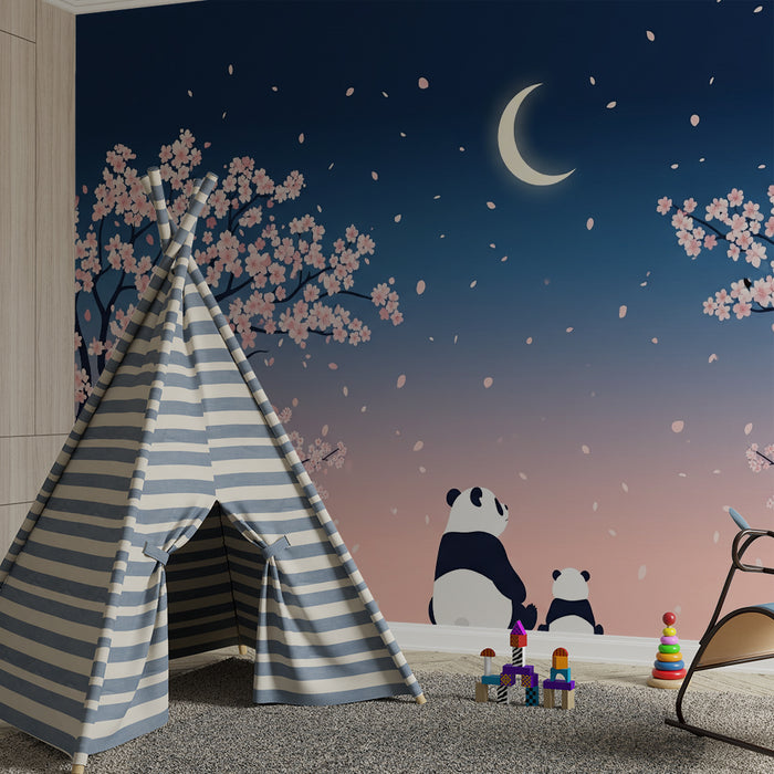 Kinderzimmer Tapete | Pandas unter blühenden Kirschbäumen mit einer Eule und einem Igel