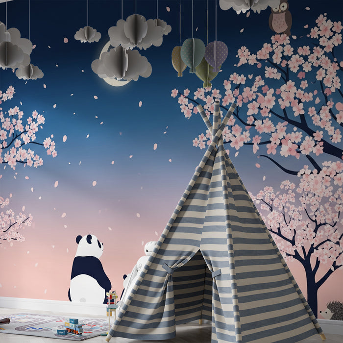 Kinderzimmer Tapete | Pandas unter blühenden Kirschbäumen mit einer Eule und einem Igel