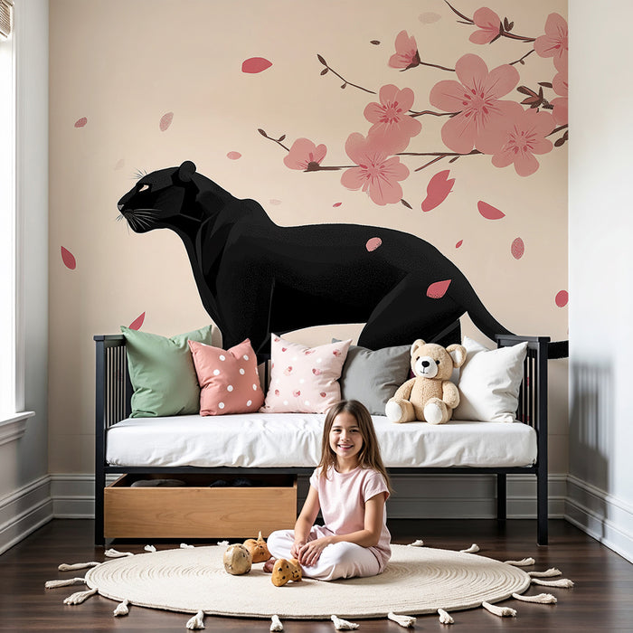 Tapet barnerom | Elegant panter under kirsebærblomstene