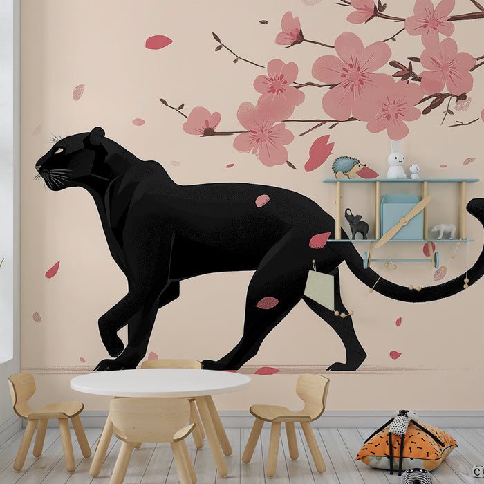 Tapet barnerom | Elegant panter under kirsebærblomstene
