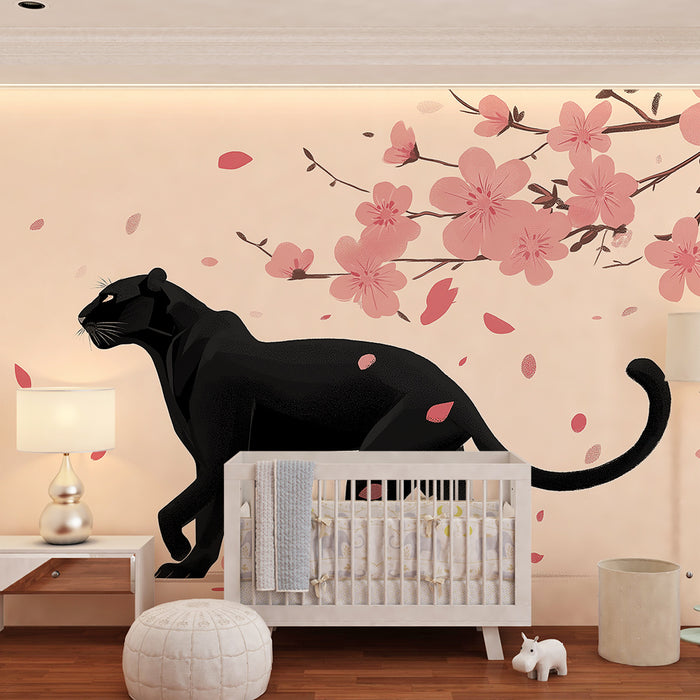 Tapet barnerom | Elegant panter under kirsebærblomstene