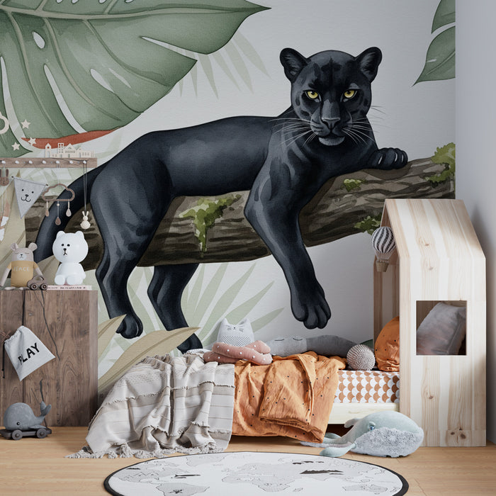 Kids room wallpaper | Majestic panther in a lush jungle