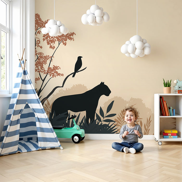 Papier peint chambre enfant | Panthère majestueuse et paysage tropical au coucher de soleil