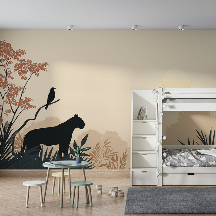 Papier peint chambre enfant | Panthère majestueuse et paysage tropical au coucher de soleil