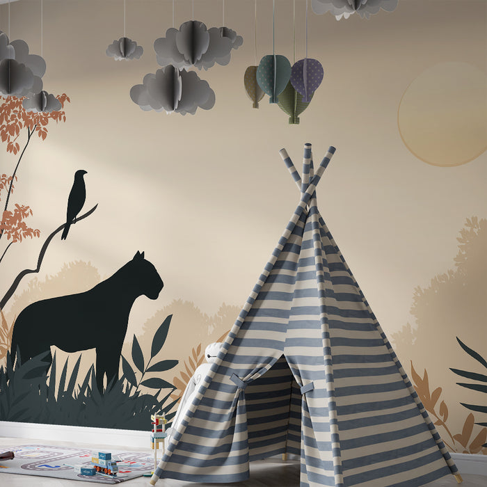 Papier peint chambre enfant | Panthère majestueuse et paysage tropical au coucher de soleil