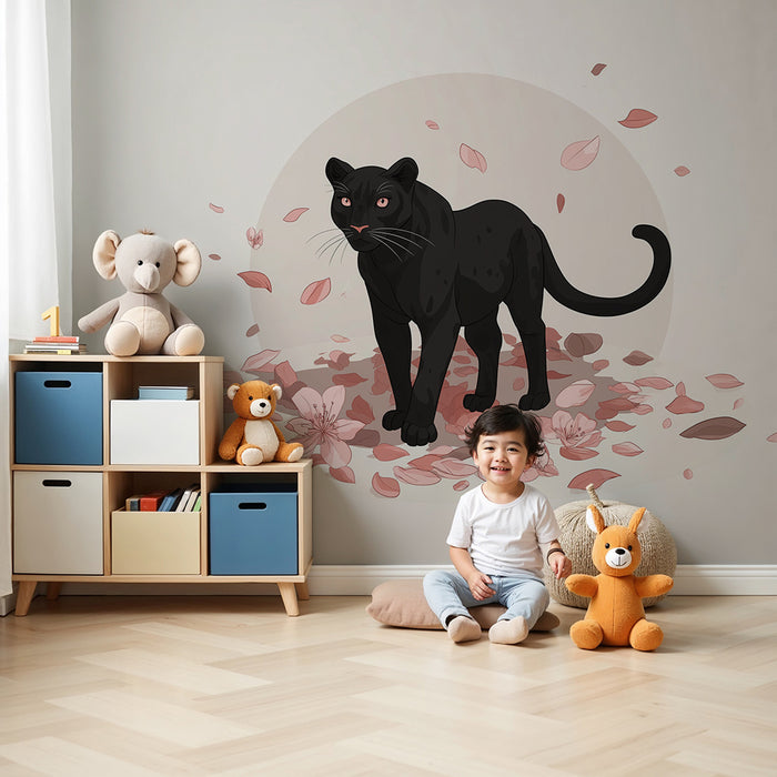 Kinderkamer behang | Zwarte panter omringd door bloemblaadjes