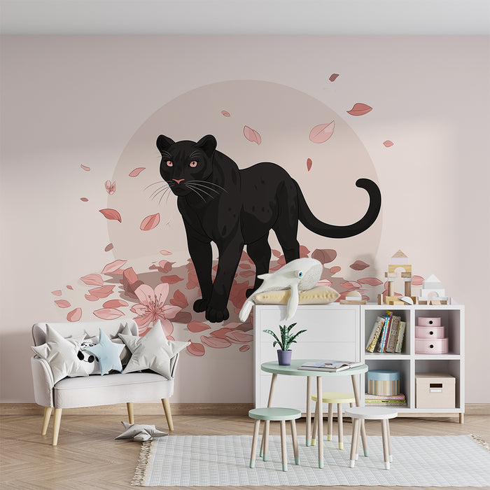 Kinderkamer behang | Zwarte panter omringd door bloemblaadjes