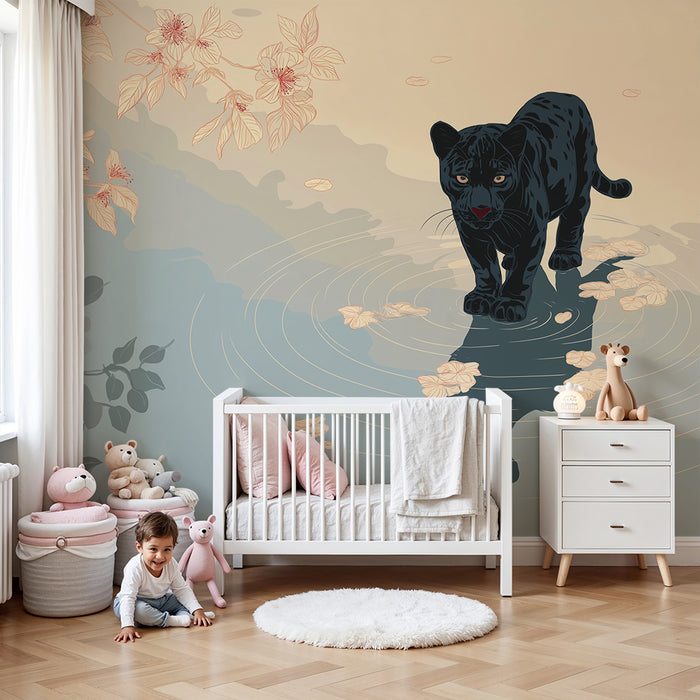 Kinderzimmer Tapete | Majestätischer schwarzer Panther am Wasserufer mit zarten Blumen