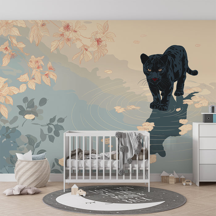 Kinderzimmer Tapete | Majestätischer schwarzer Panther am Wasserufer mit zarten Blumen
