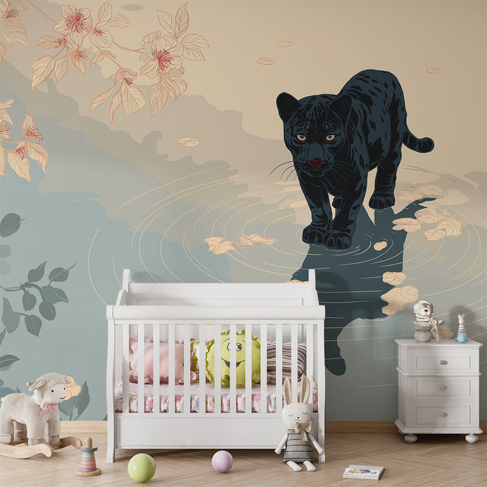 Kinderzimmer Tapete | Majestätischer schwarzer Panther am Wasserufer mit zarten Blumen