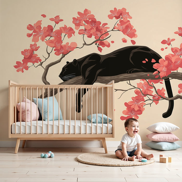 Kinderkamer behang | Zwarte panter rustend tussen roze bloemen