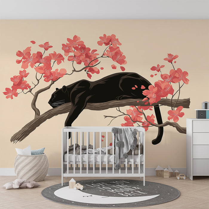 Kinderkamer behang | Zwarte panter rustend tussen roze bloemen