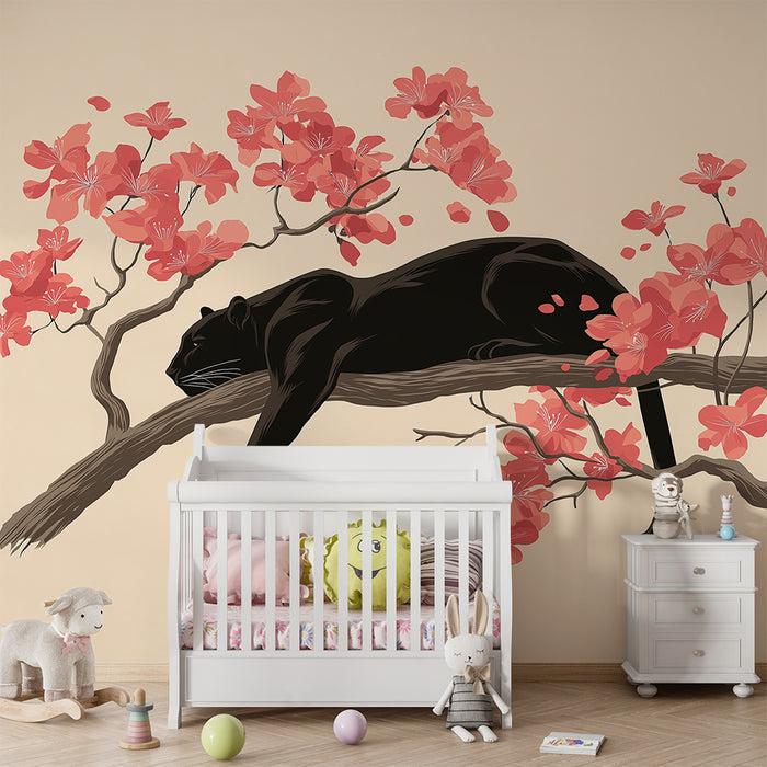 Kinderkamer behang | Zwarte panter rustend tussen roze bloemen
