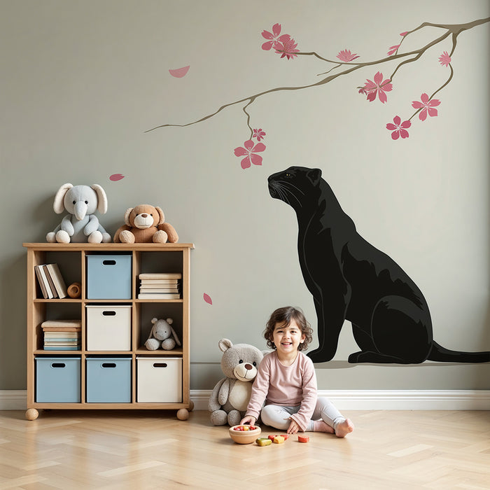 Kinderzimmer Tapete | Schwarzer Panther unter einer schönen blühenden Kirschblüte