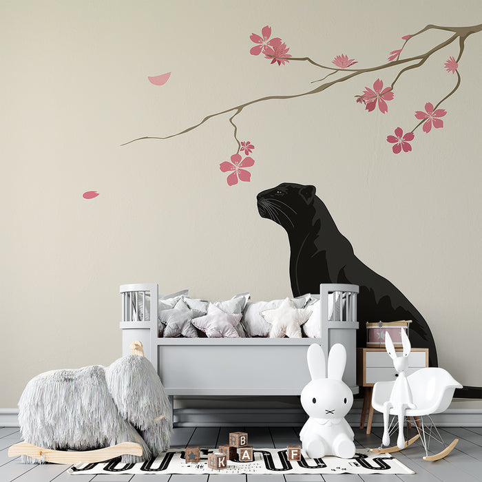 Kinderzimmer Tapete | Schwarzer Panther unter einer schönen blühenden Kirschblüte