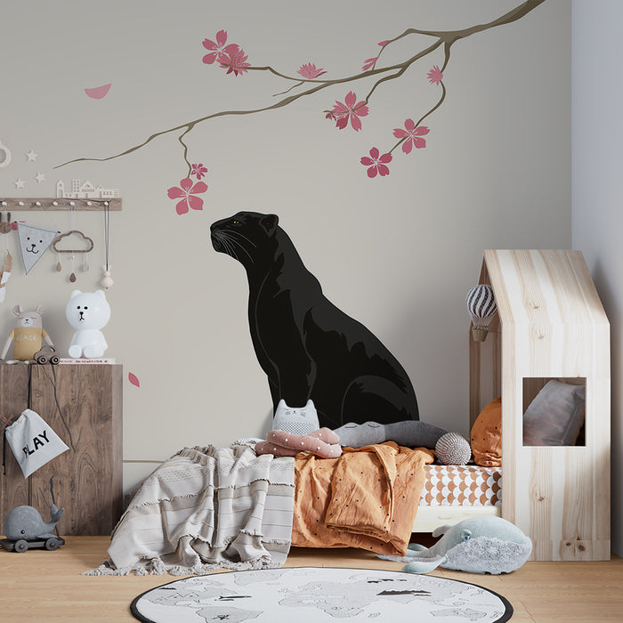 Kinderzimmer Tapete | Schwarzer Panther unter einer schönen blühenden Kirschblüte