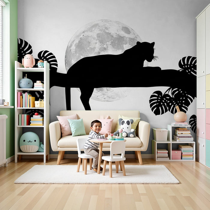 Papel pintado infantil | Silueta de pantera bajo la luna llena con follaje tropical