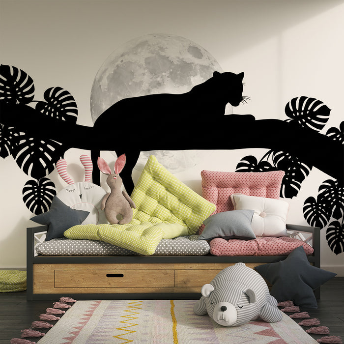 Papel pintado infantil | Silueta de pantera bajo la luna llena con follaje tropical