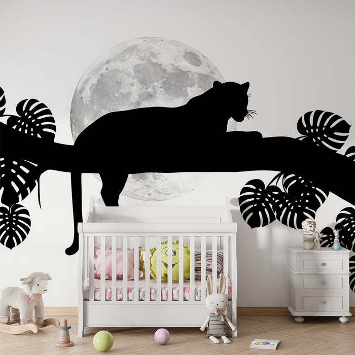 Papel pintado infantil | Silueta de pantera bajo la luna llena con follaje tropical