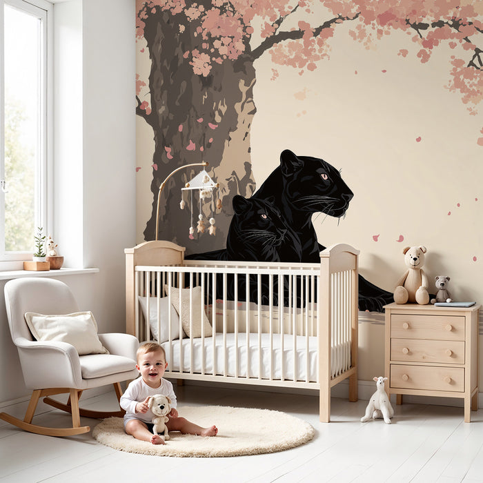 Papel pintado infantil | Panteras majestuosas bajo un cerezo en flor
