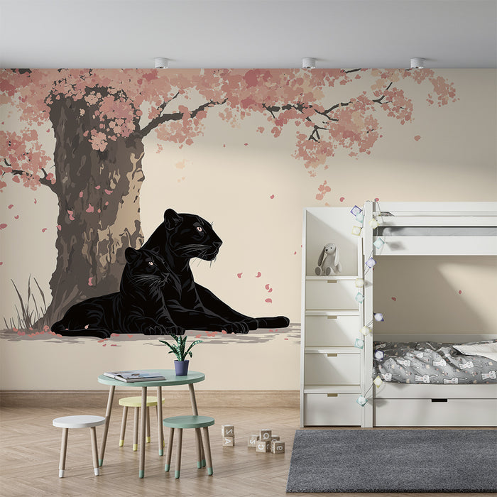 Papel pintado infantil | Panteras majestuosas bajo un cerezo en flor
