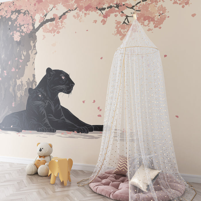 Papel pintado infantil | Panteras majestuosas bajo un cerezo en flor