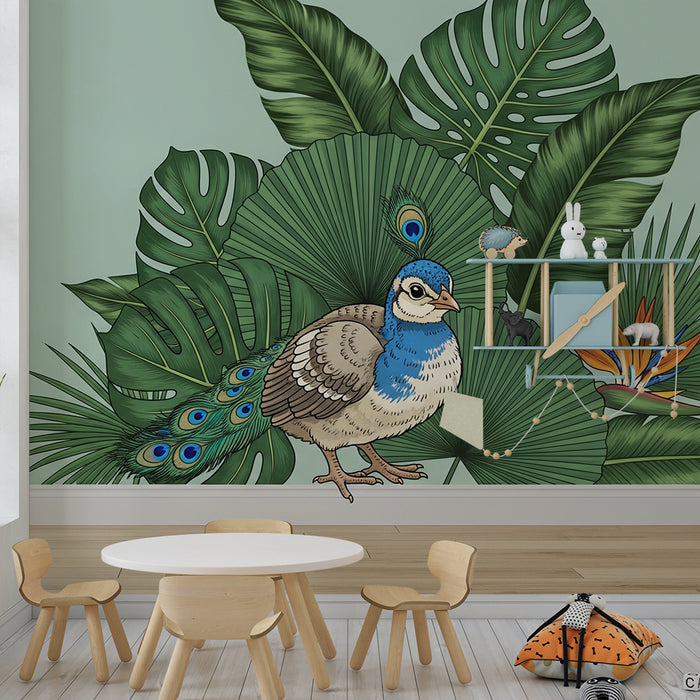 Papier peint chambre enfant | Paon coloré entouré de feuillage tropical