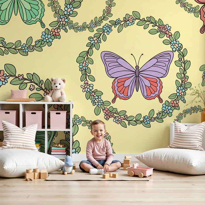 Behang kinderkamer | Kleurrijke vlinders tussen bloemen op een gele achtergrond