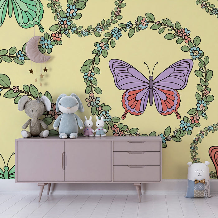 Behang kinderkamer | Kleurrijke vlinders tussen bloemen op een gele achtergrond